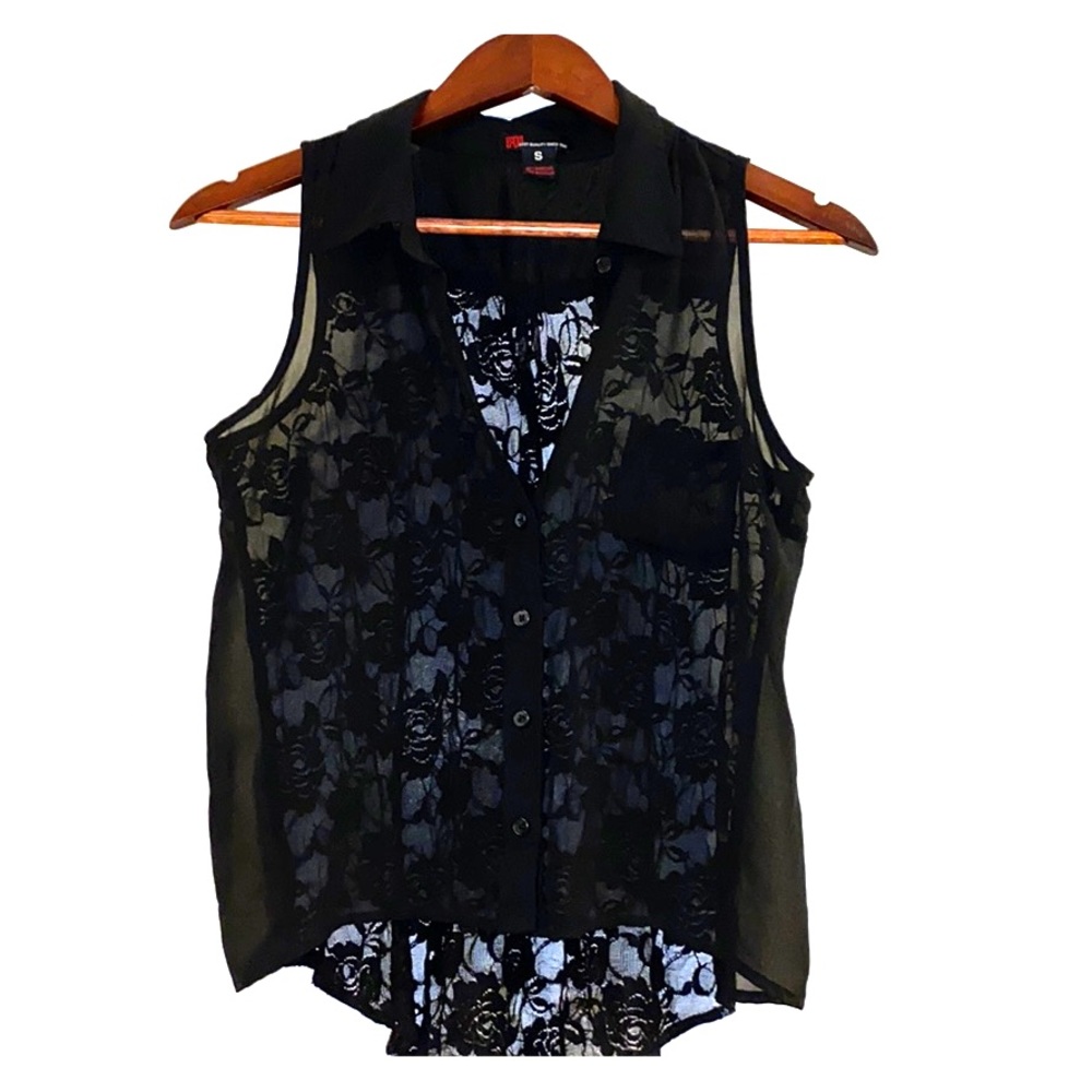 Small Sheer black sleeveless tank top w/lace back
